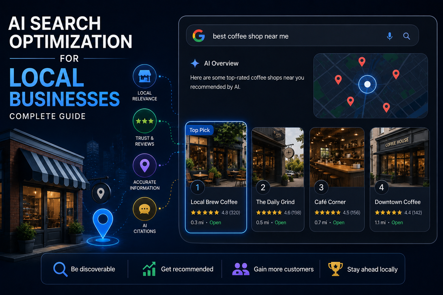Local business map with AI-powered search optimization overlay